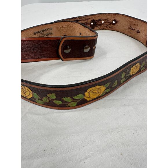 Vintage Hand Tooled Womens Belt Brown Yellow Roses Western Wooden Buckle Cowgirl - Picture 4 of 8